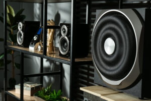 modern powerful audio speaker system shelving indoors