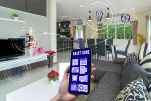 smart home augmented reality technology concept hand holding smart phone